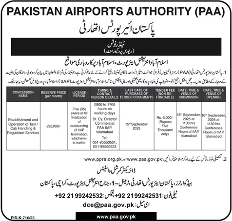Pakistan Airports Authority Karachi Tender Notice